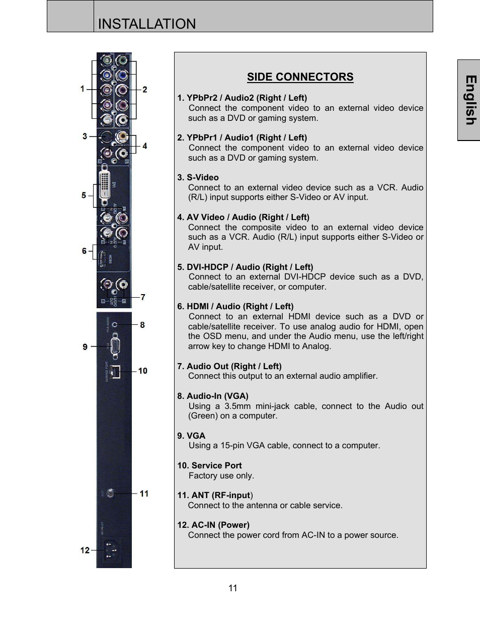 Installation, English | Westinghouse LTV-32w3 User Manual | Page 13 / 38