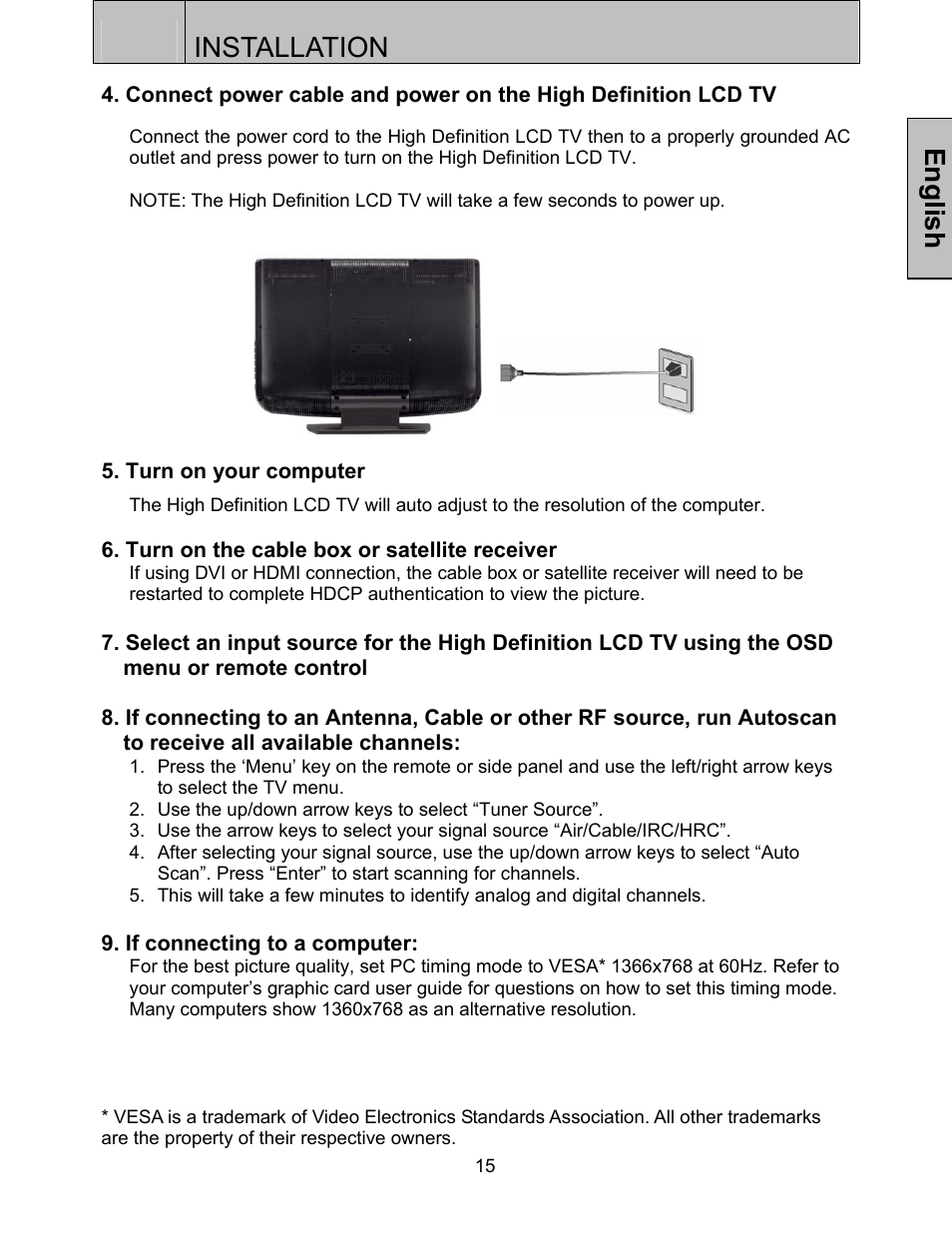 Installation, English | Westinghouse LTV-32w3 User Manual | Page 17 / 38