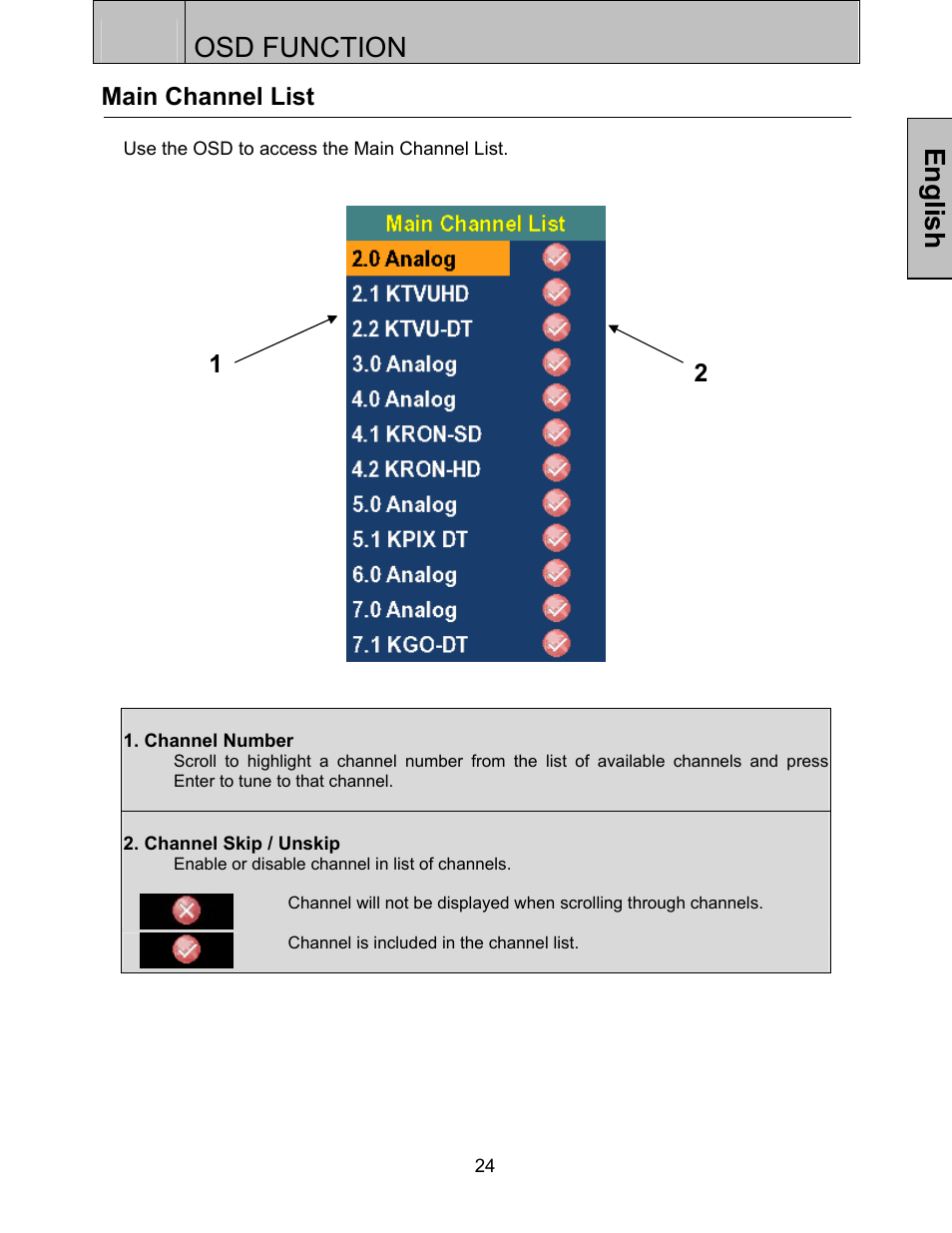 Osd function, English, Main channel list | Westinghouse LTV-32w3 User Manual | Page 26 / 38