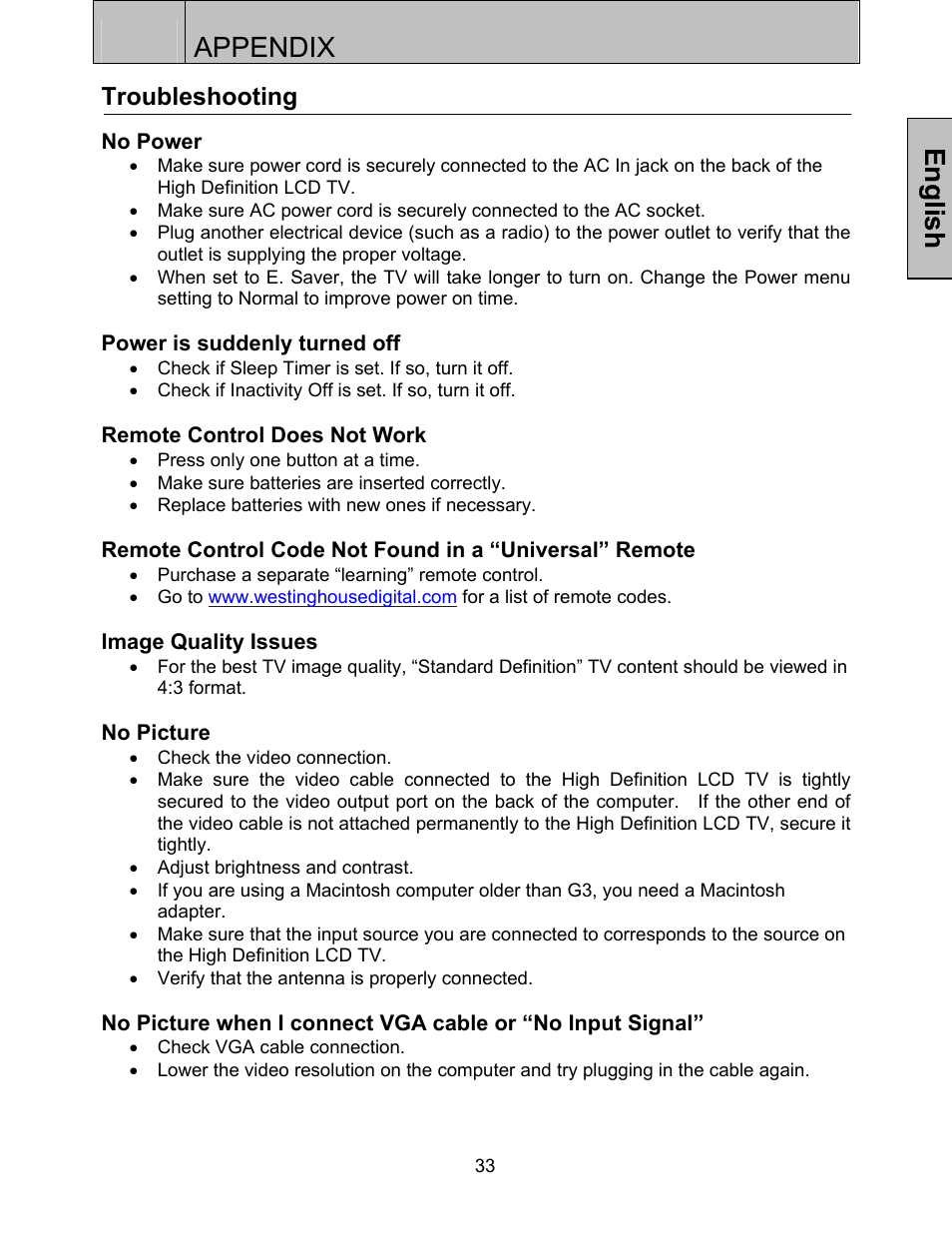 Appendix, English, Troubleshooting | Westinghouse LTV-32w3 User Manual | Page 35 / 38