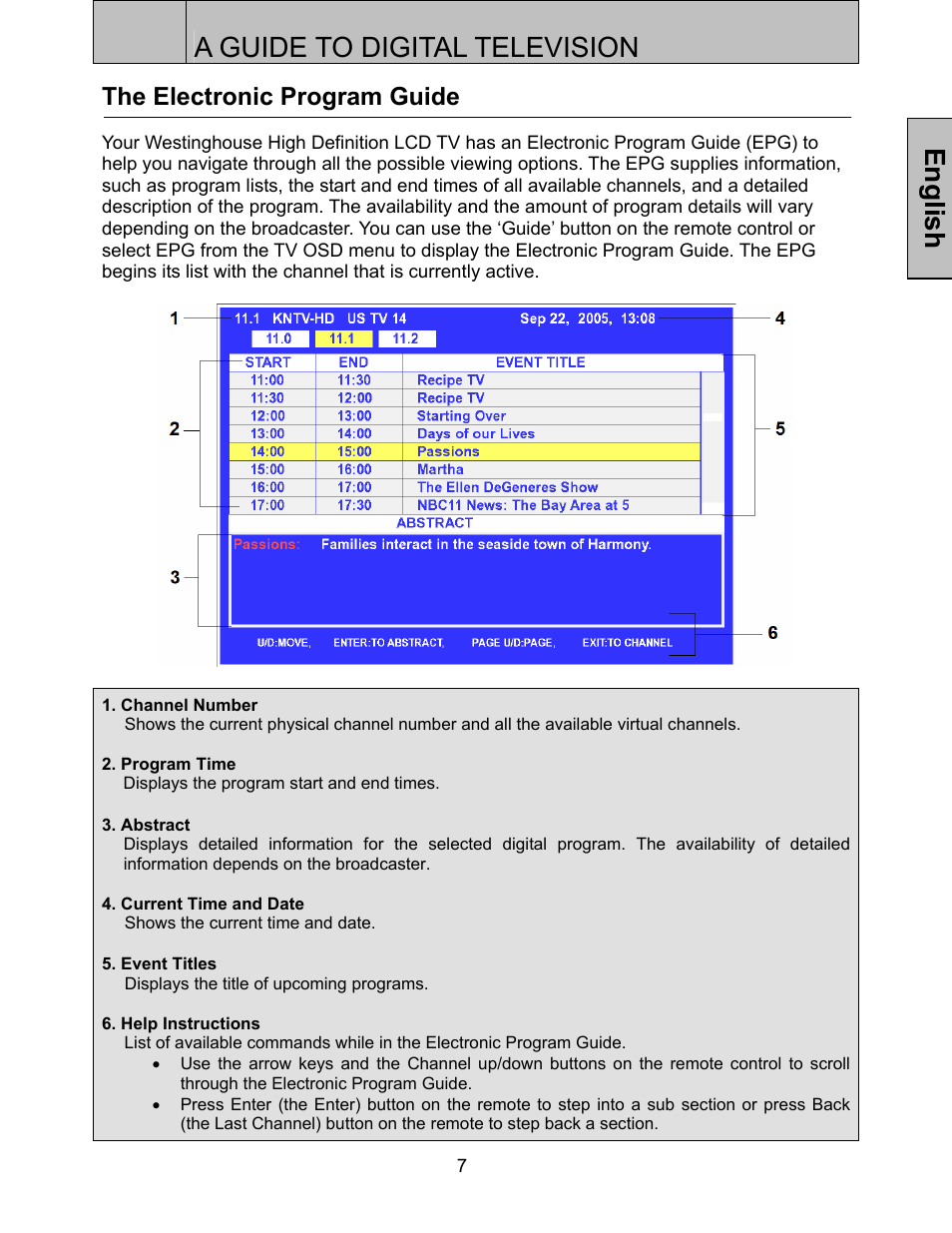 A guide to digital television, English, The electronic program guide | Westinghouse LTV-32w3 User Manual | Page 9 / 38