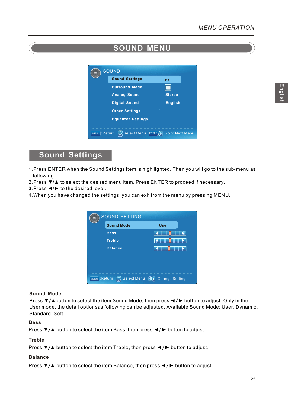 Sound settings, Sound menu, Menu operation | Westinghouse VR-5585DFZ User Manual | Page 23 / 39