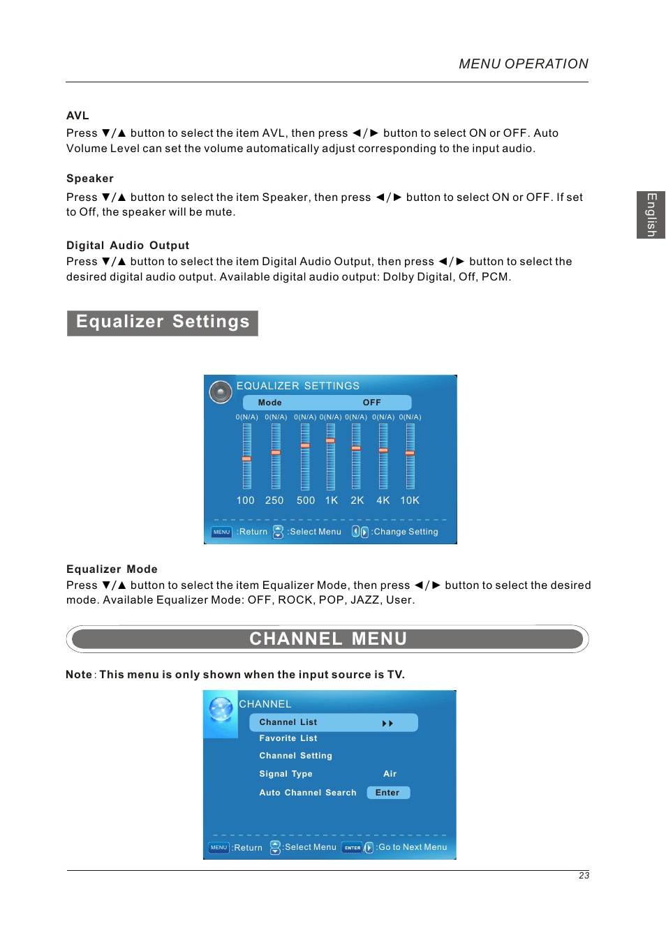 Channel menu, Equalizer settings, Menu operation | Westinghouse VR-5585DFZ User Manual | Page 25 / 39