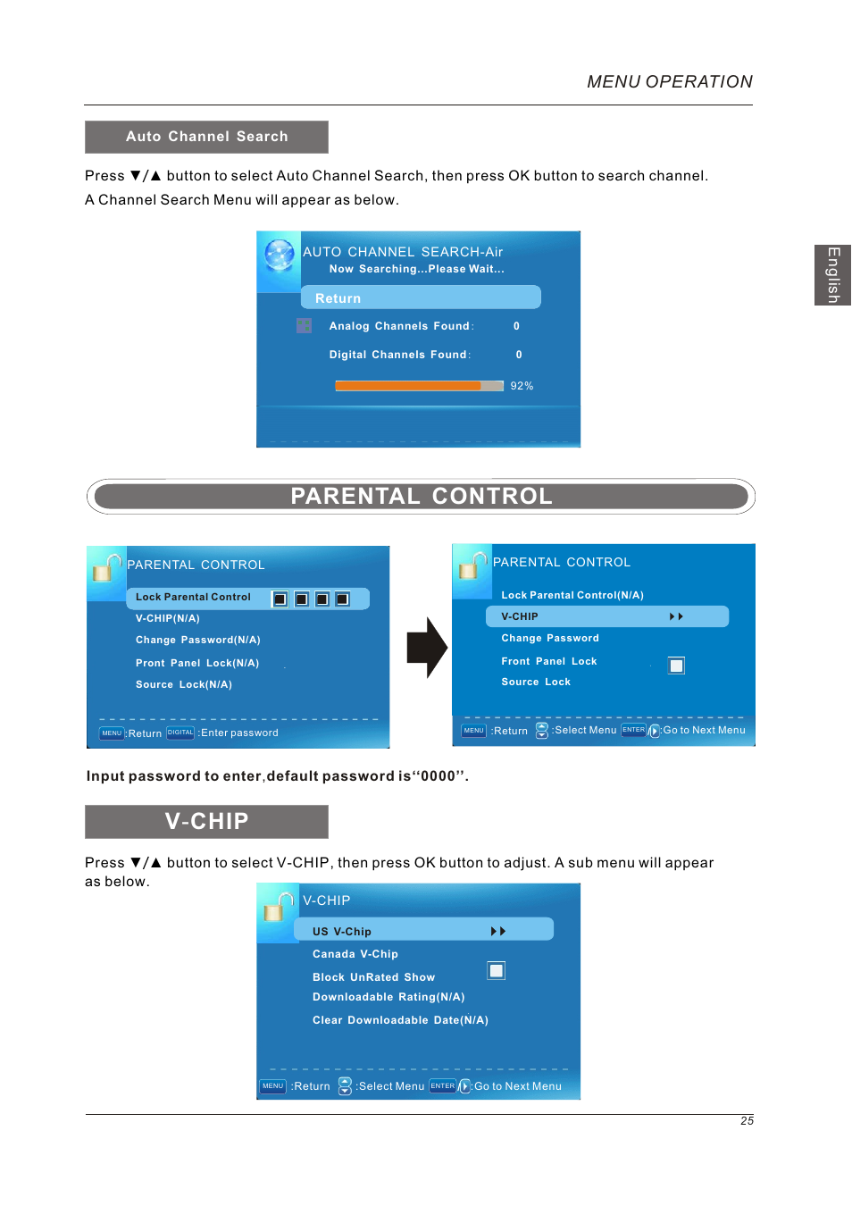 Parental control, V - chip, Menu operation | English | Westinghouse VR-5585DFZ User Manual | Page 27 / 39