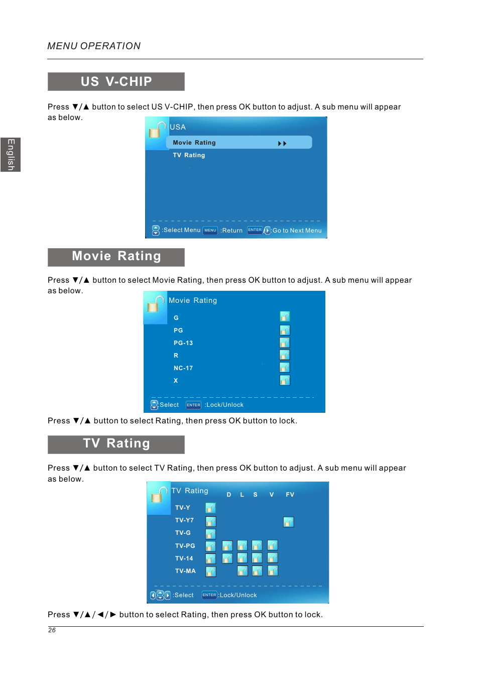 Movie rating, Tv rating, Us v-chip | Menu operation, English | Westinghouse VR-5585DFZ User Manual | Page 28 / 39