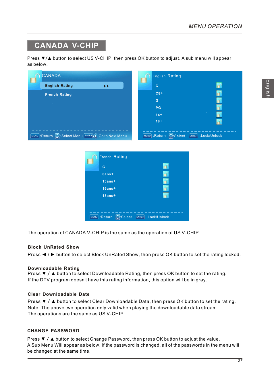Canada v-chip, Menu operation, English | Westinghouse VR-5585DFZ User Manual | Page 29 / 39