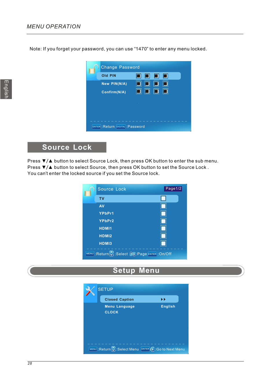 Source lock, Setup menu, Menu operation | English | Westinghouse VR-5585DFZ User Manual | Page 30 / 39