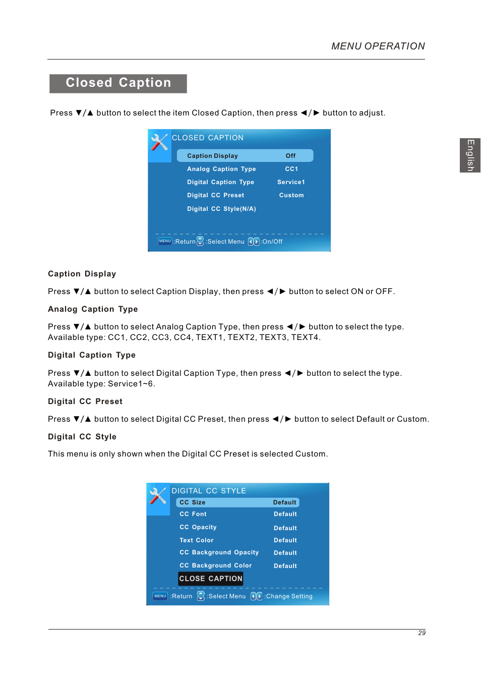 Closed caption, Menu operation, English | Westinghouse VR-5585DFZ User Manual | Page 31 / 39