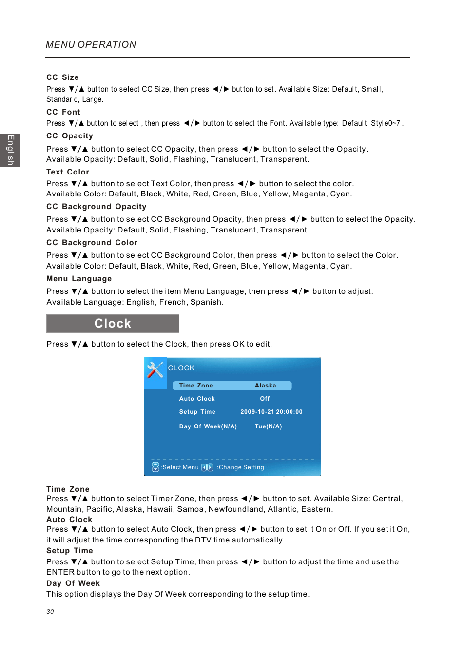 Clock, Menu operation | Westinghouse VR-5585DFZ User Manual | Page 32 / 39