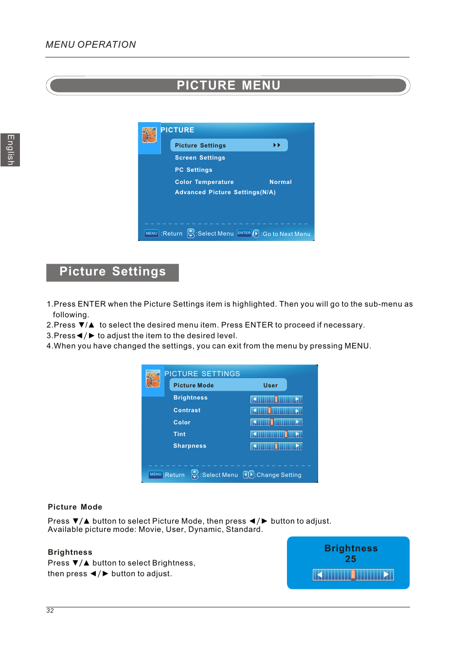 Picture settings, Picture menu, Brightness 25 | Menu operation | Westinghouse VR-5585DFZ User Manual | Page 34 / 39