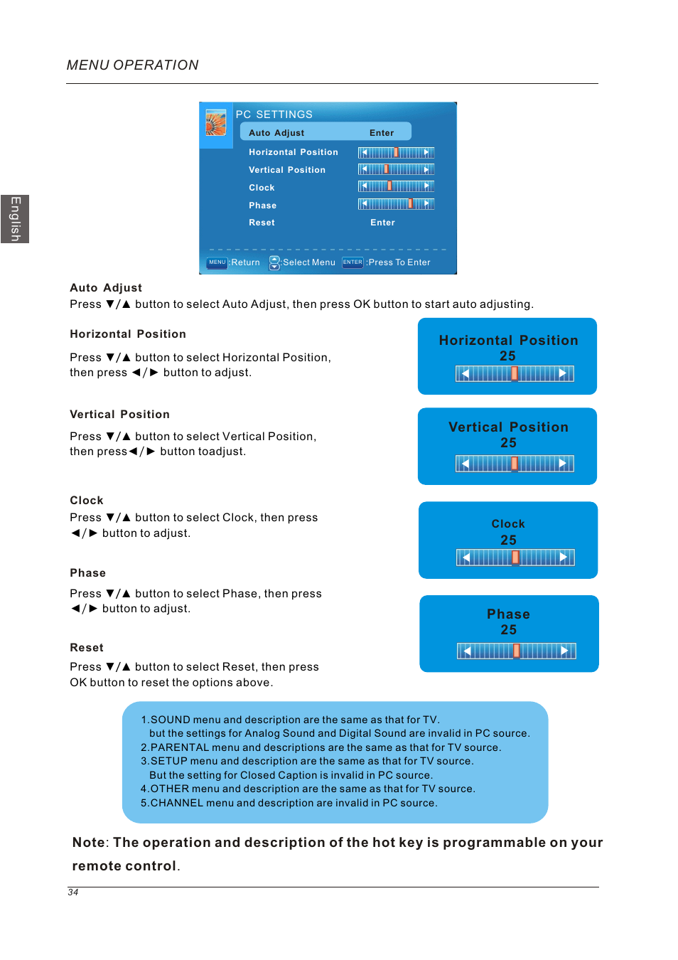 Horizontal position 25 vertical position 25, 25 phase 25, Menu operation | Westinghouse VR-5585DFZ User Manual | Page 36 / 39