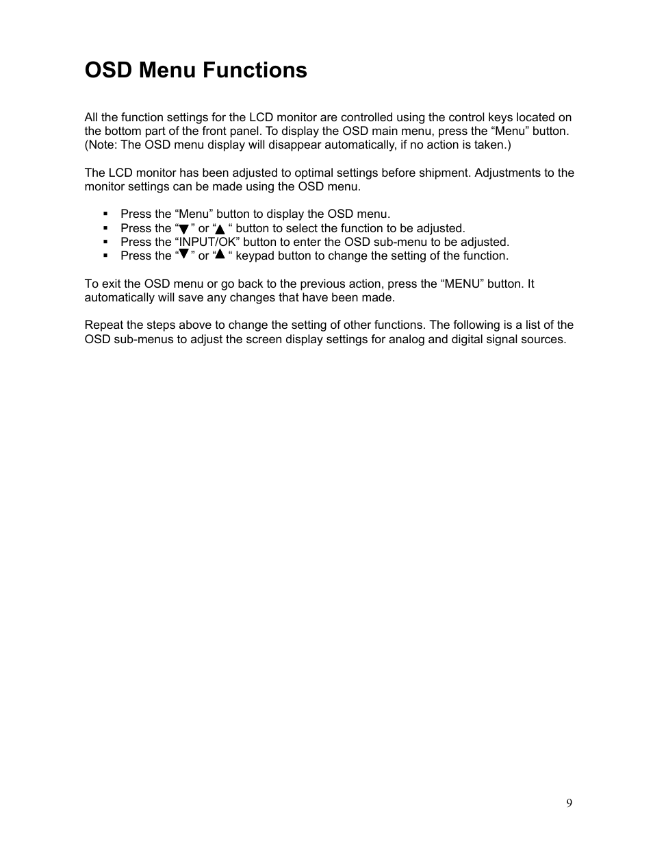 Osd menu functions | Westinghouse LCM-17W7 User Manual | Page 10 / 16