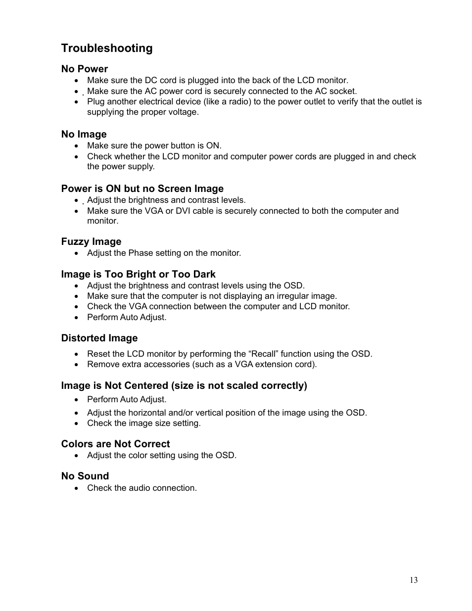 Troubleshooting | Westinghouse LCM-17W7 User Manual | Page 14 / 16