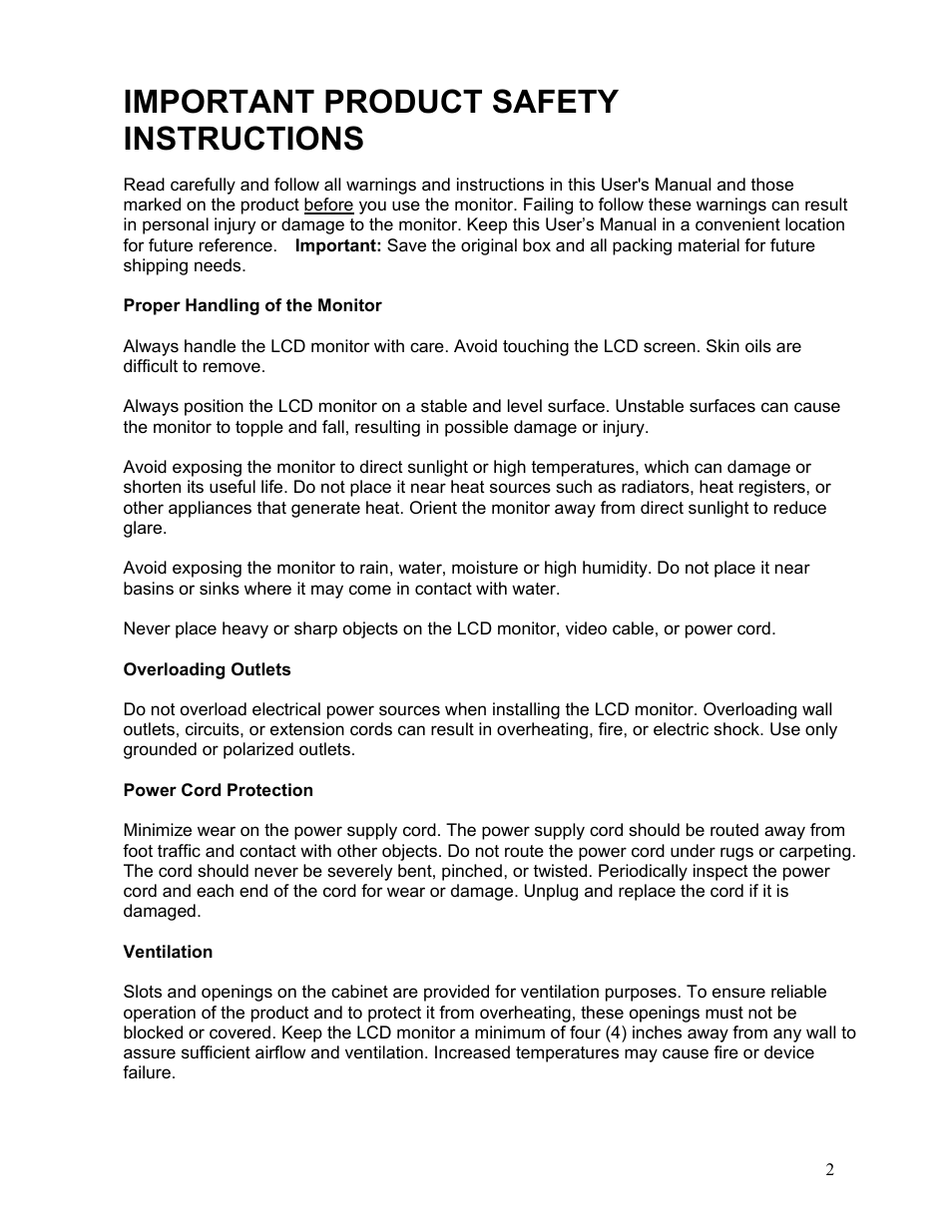 Important product safety instructions | Westinghouse LCM-17W7 User Manual | Page 3 / 16