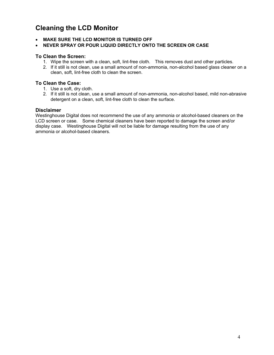 Cleaning the lcd monitor | Westinghouse LCM-17W7 User Manual | Page 5 / 16