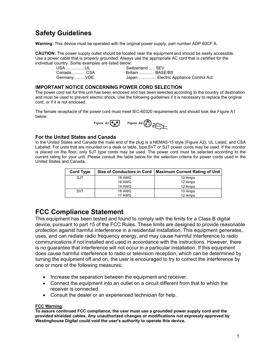 Safety guidelines, Fcc compliance statement | Westinghouse LCM-17W7 User Manual | Page 6 / 16