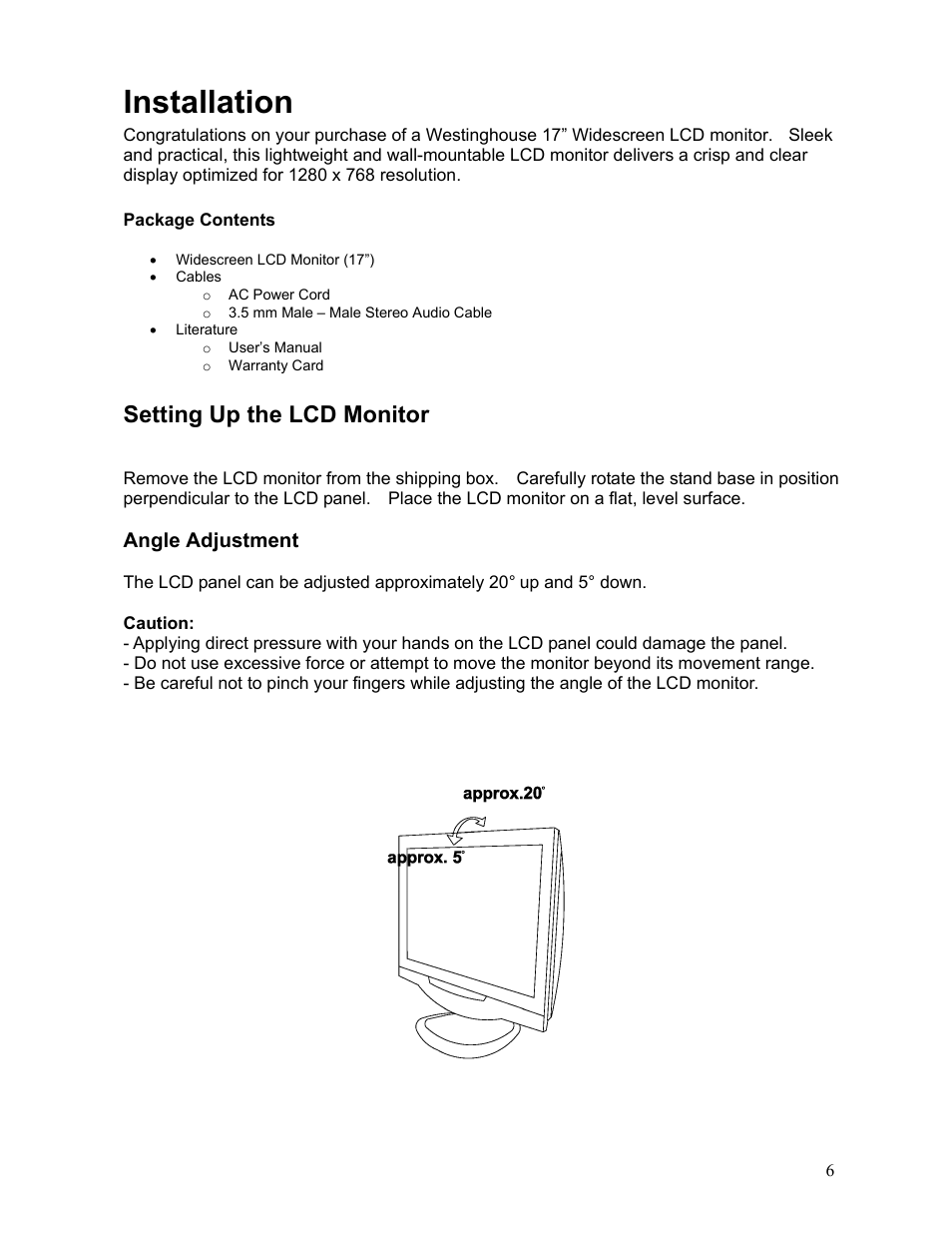 Installation, Setting up the lcd monitor | Westinghouse LCM-17W7 User Manual | Page 7 / 16