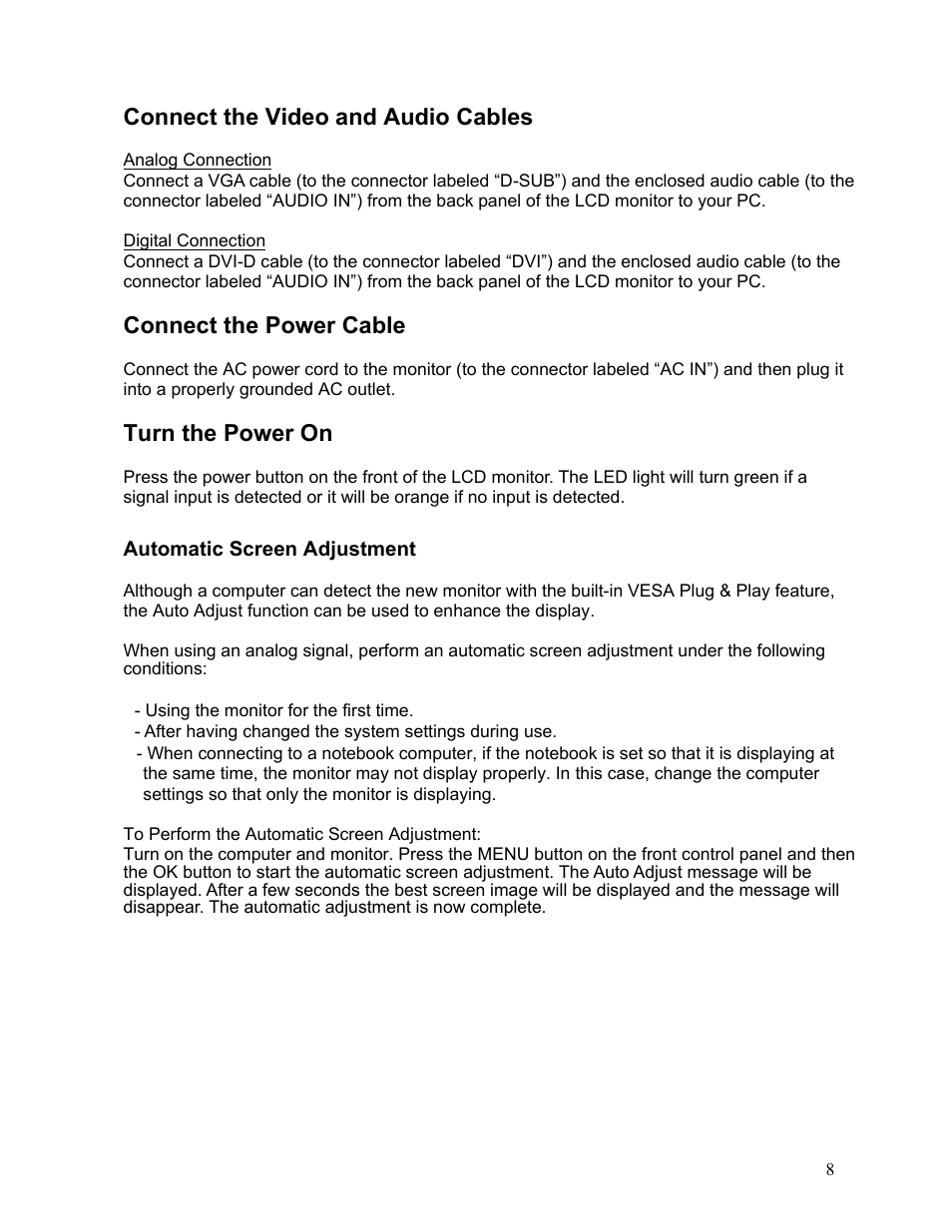 Connect the video and audio cables, Connect the power cable, Turn the power on | Westinghouse LCM-17W7 User Manual | Page 9 / 16