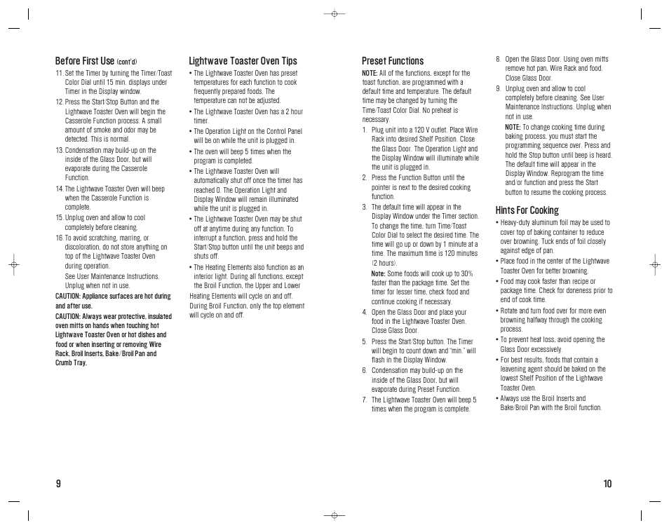 Preset functions, Hints for cooking, Before first use | Lightwave toaster oven tips | Westinghouse WST3028 User Manual | Page 10 / 20