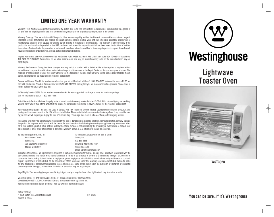 Lightwave toaster oven, Limited one year warranty, You can be sure...if it’s westinghouse | Westinghouse WST3028 User Manual | Page 20 / 20