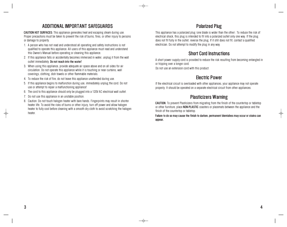 Additional important safeguards, Polarized plug, Short cord instructions | Electric power, Plasticizers warning | Westinghouse WST3028 User Manual | Page 5 / 20