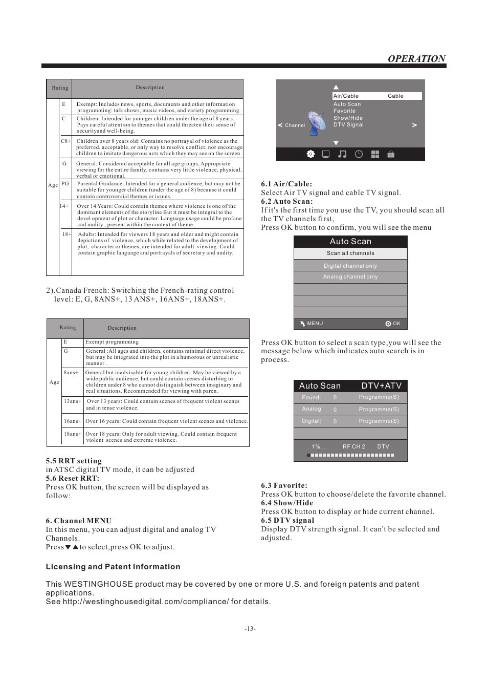 Operation, Auto scan, Auto scan dtv+atv | Westinghouse EW32S5KW User Manual | Page 14 / 41