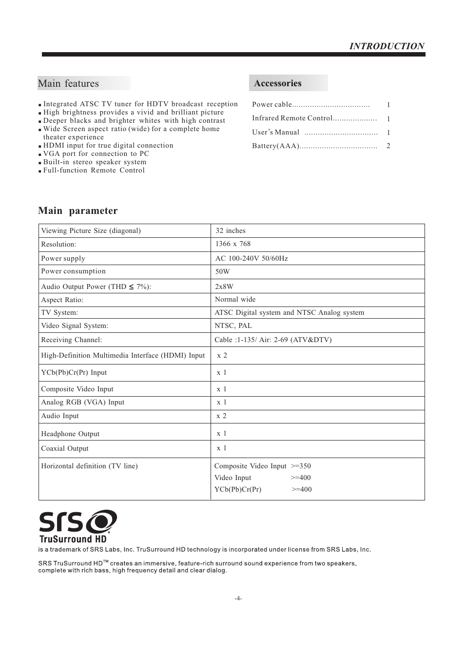 Main features, Main parameter, Accessories | Introduction | Westinghouse EW32S5KW User Manual | Page 5 / 41