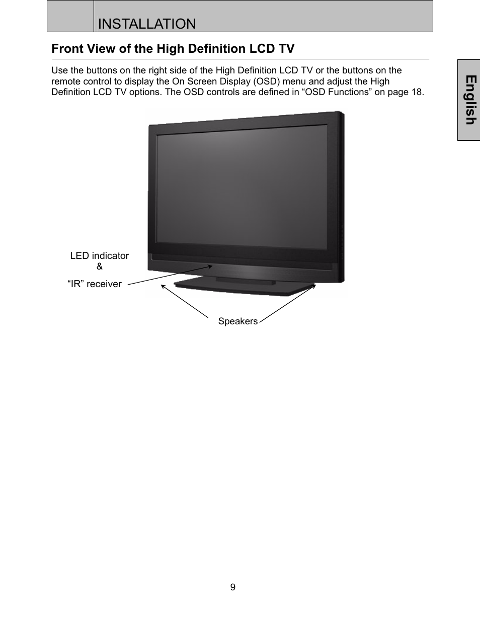 Installation, English, Front view of the high definition lcd tv | Westinghouse SK-32H520S User Manual | Page 12 / 47