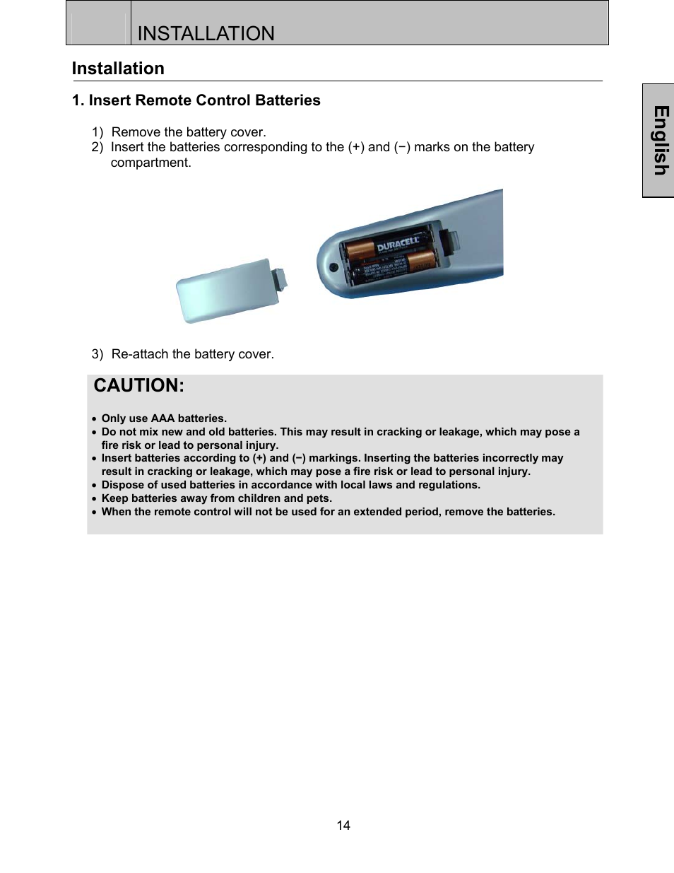 Installation, English, Caution | Westinghouse SK-32H520S User Manual | Page 17 / 47