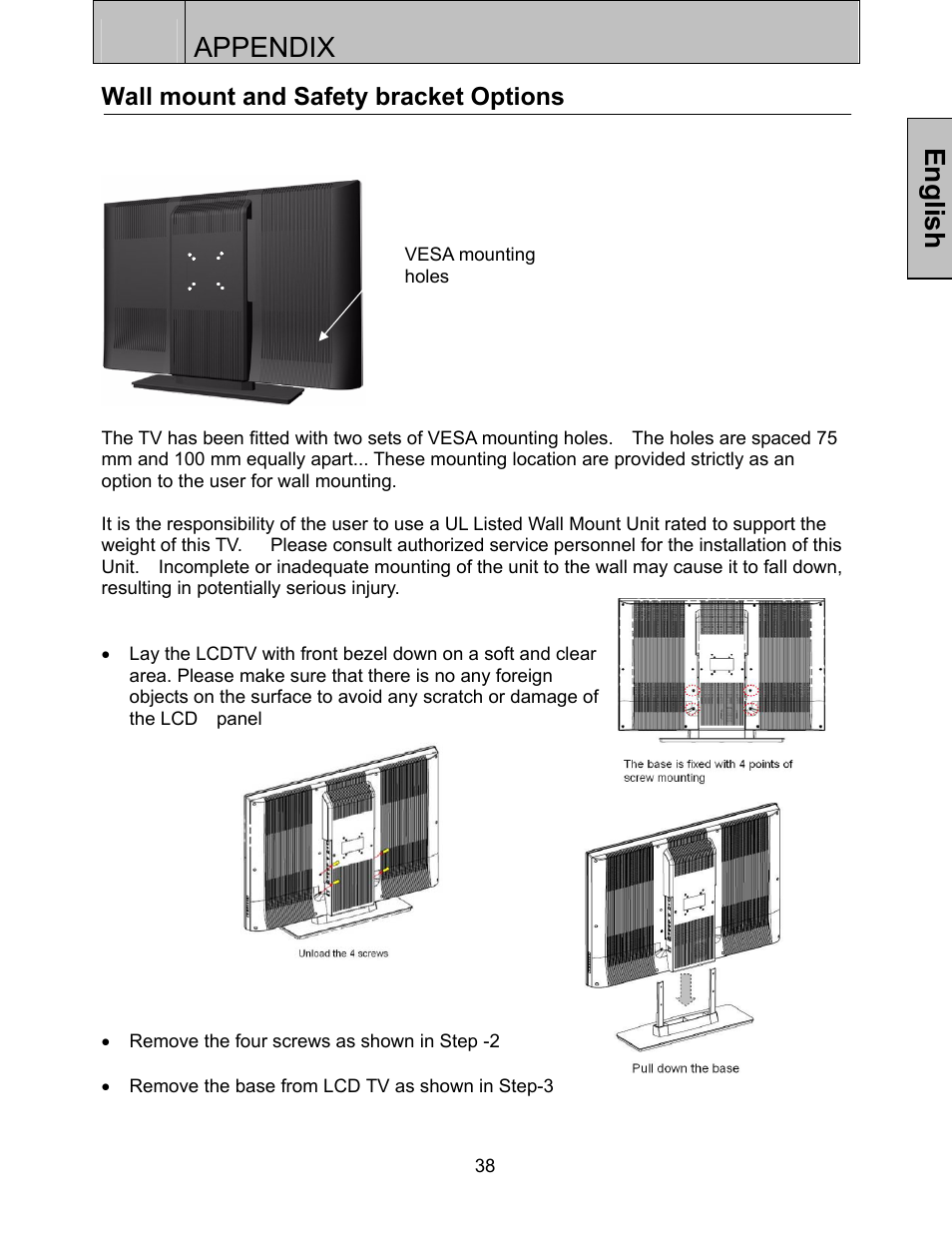 Appendix, English, Wall mount and safety bracket options | Westinghouse SK-32H520S User Manual | Page 41 / 47