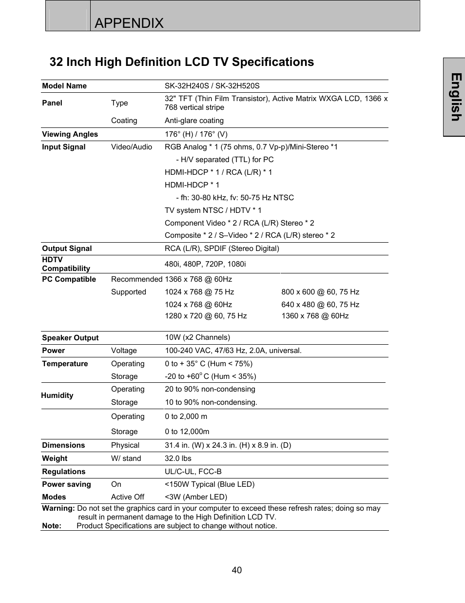 Appendix, English, 32 inch high definition lcd tv specifications | Westinghouse SK-32H520S User Manual | Page 43 / 47