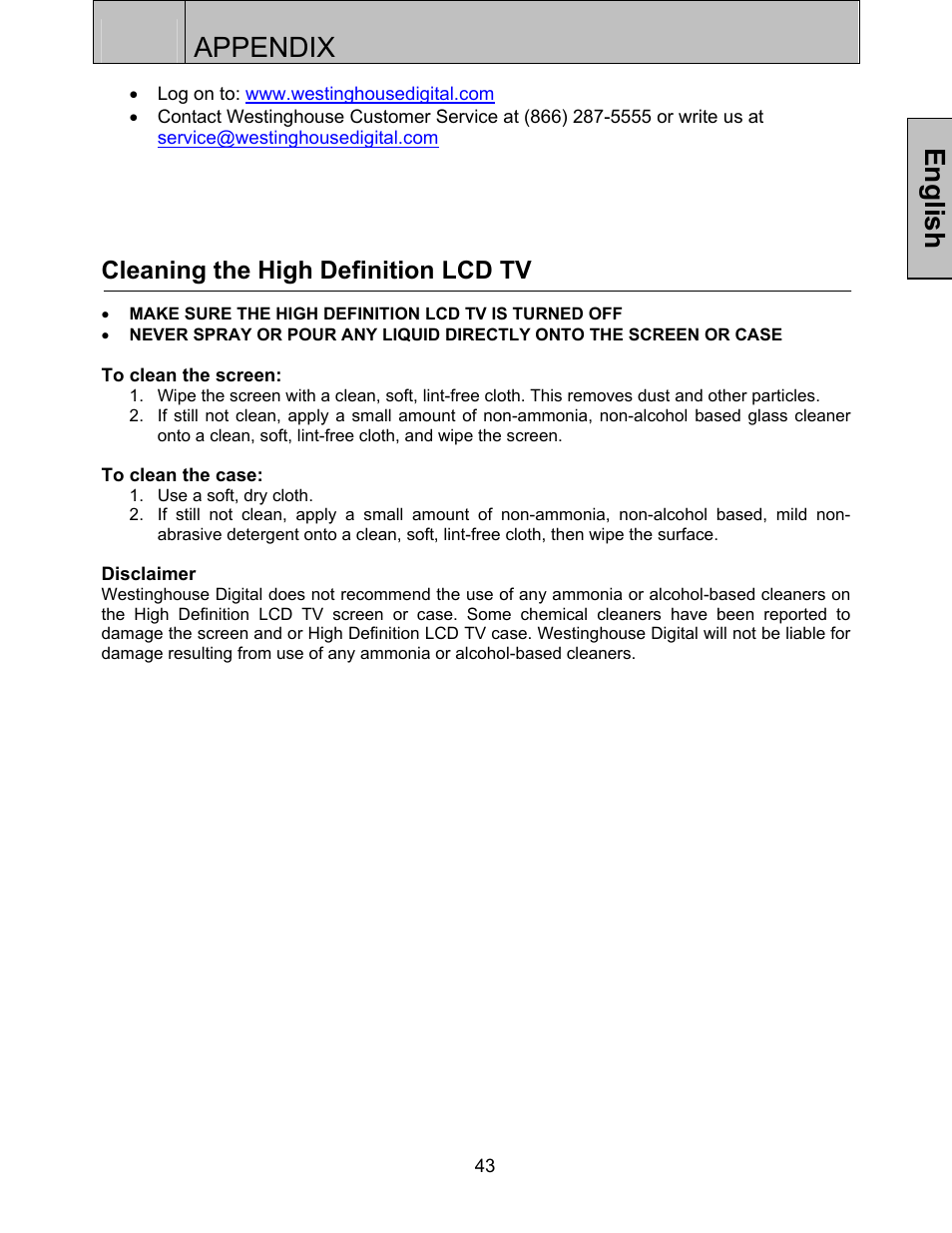 Appendix, English, Cleaning the high definition lcd tv | Westinghouse SK-32H520S User Manual | Page 46 / 47