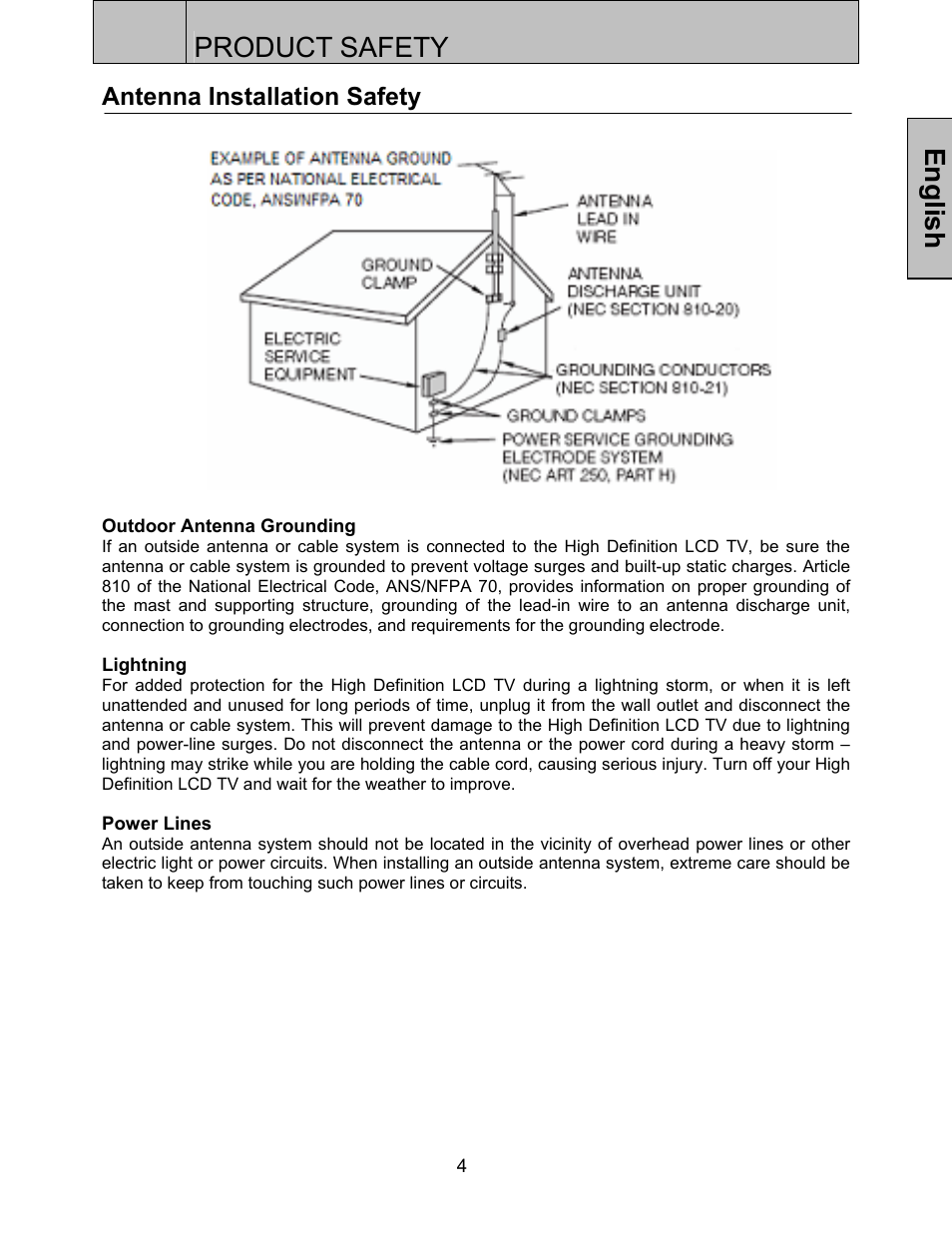 Product safety, English, Antenna installation safety | Westinghouse SK-32H520S User Manual | Page 7 / 47