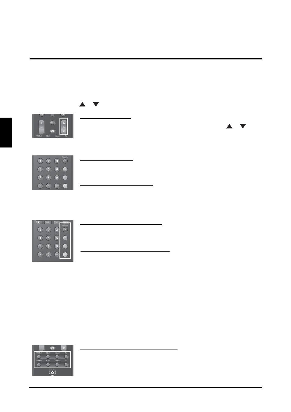 Changing channels, Selecting the input source, Changing channels selecting the input source | English, Using the ch, Buttons, Using the channel keys, Using the favorite keys, Using the individual input keys, Basic operations | Westinghouse LD-2655VX User Manual | Page 26 / 60