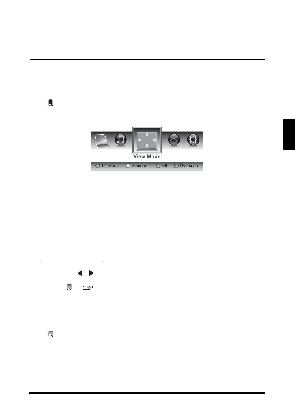 View mode, View mode (vga), View mode view mode (vga) | English, Standard, Fill, Overscan, 1 mode, Aspect ratio | Westinghouse LD-2655VX User Manual | Page 37 / 60