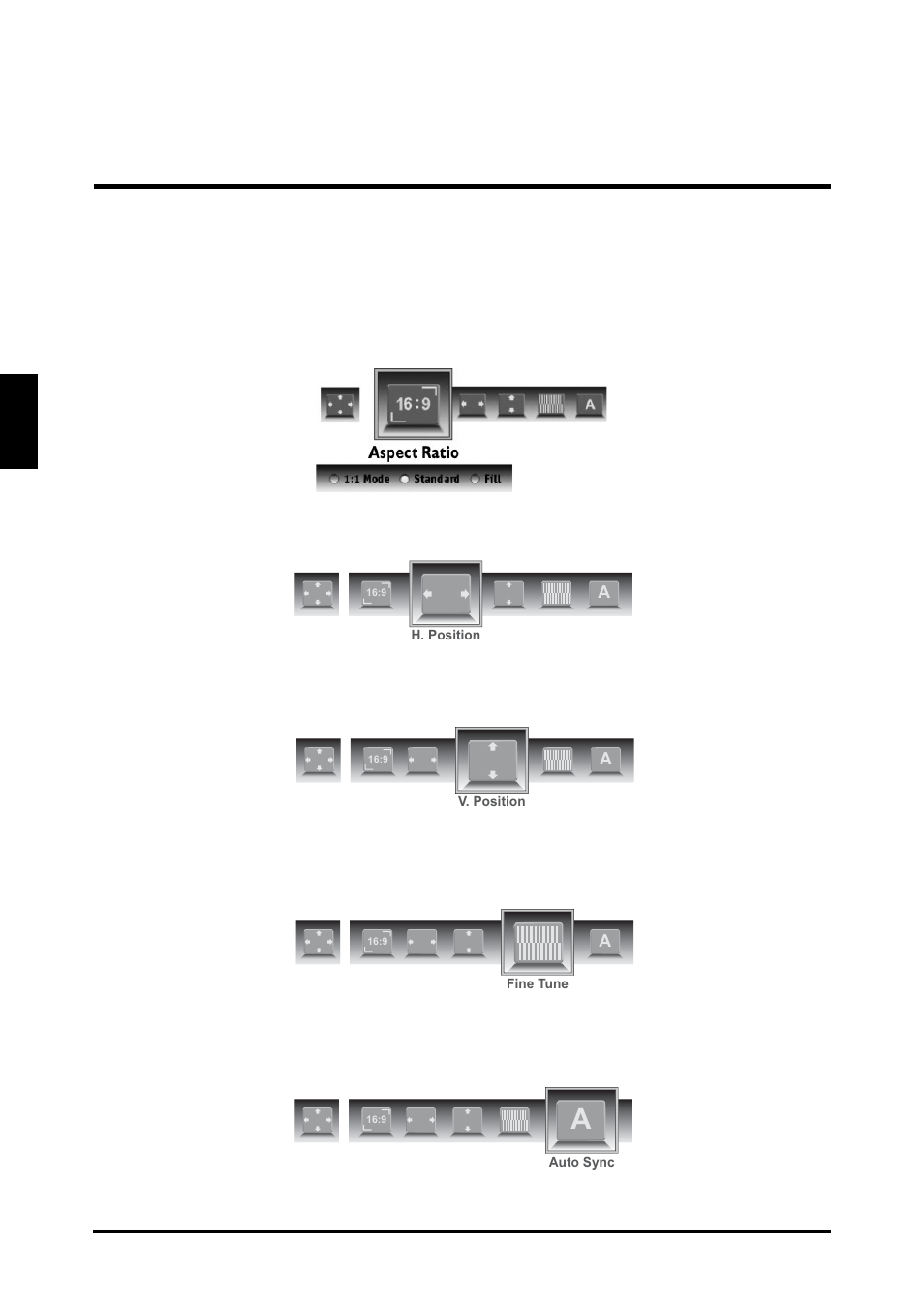 English, H. position, V. position | Fine tune, Auto sync | Westinghouse LD-2655VX User Manual | Page 38 / 60