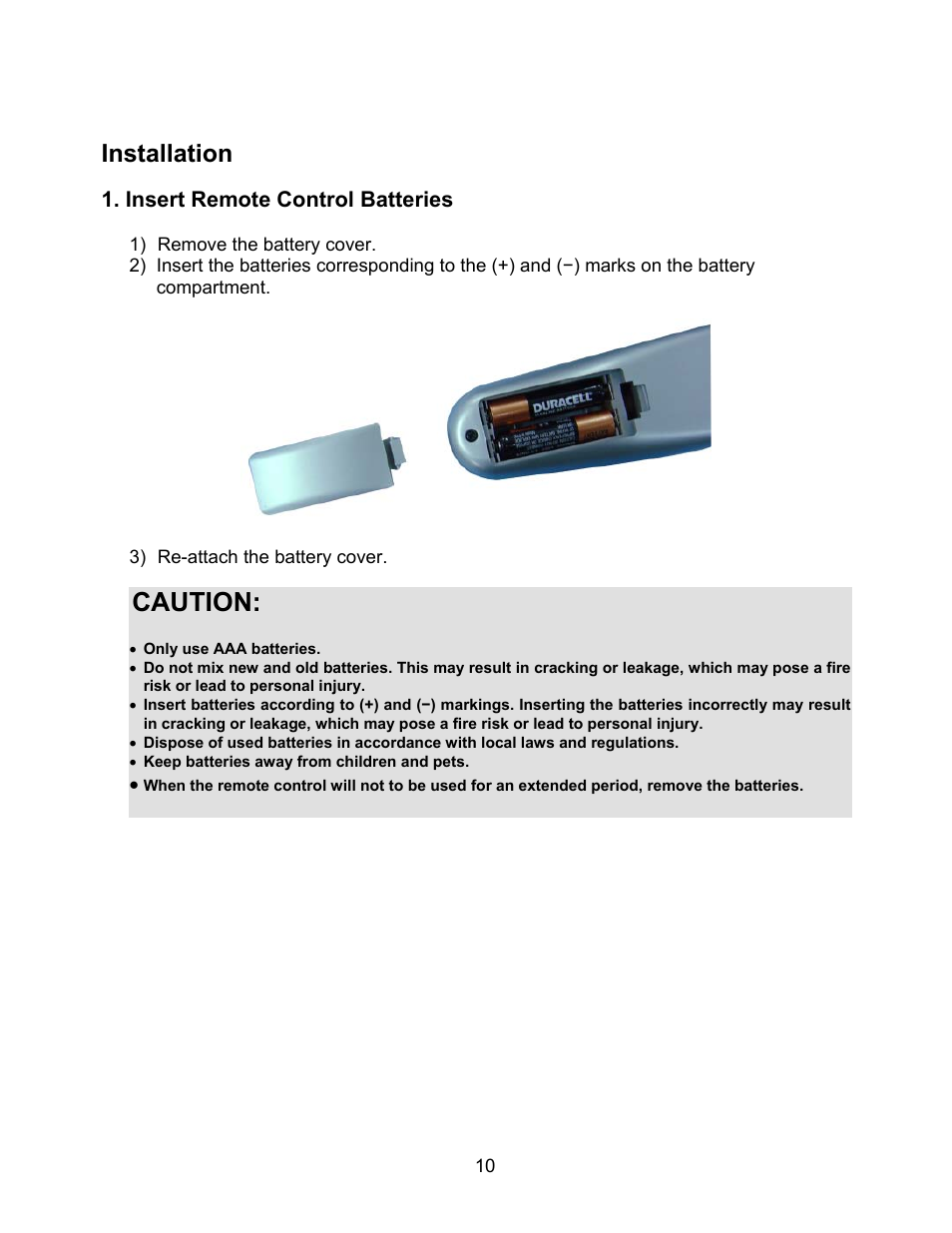 Caution, Installation, Insert remote control batteries | Westinghouse W2602 BK User Manual | Page 12 / 26