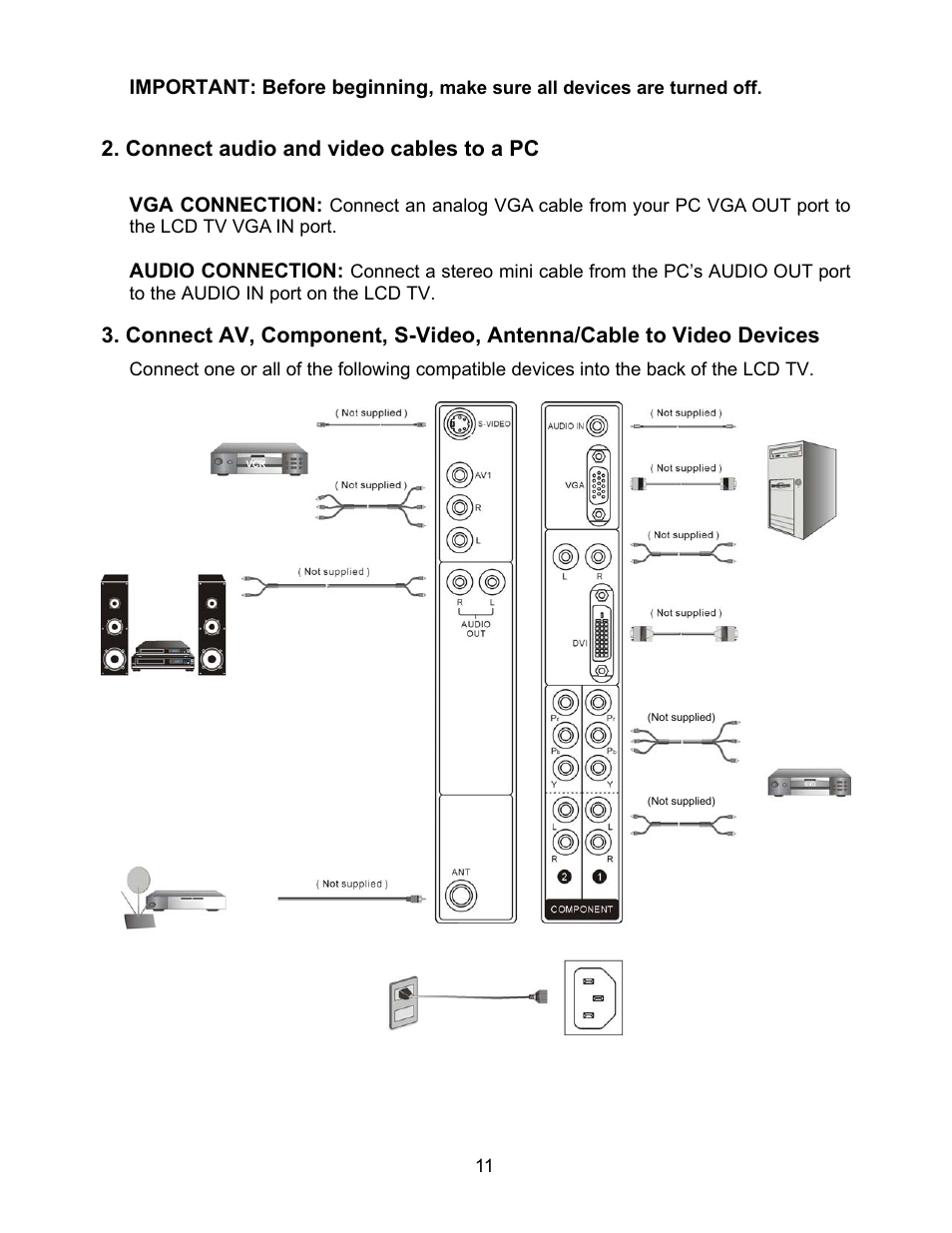 Connect audio and video cables to a pc, Important: before beginning, Vga connection | Audio connection | Westinghouse W2602 BK User Manual | Page 13 / 26