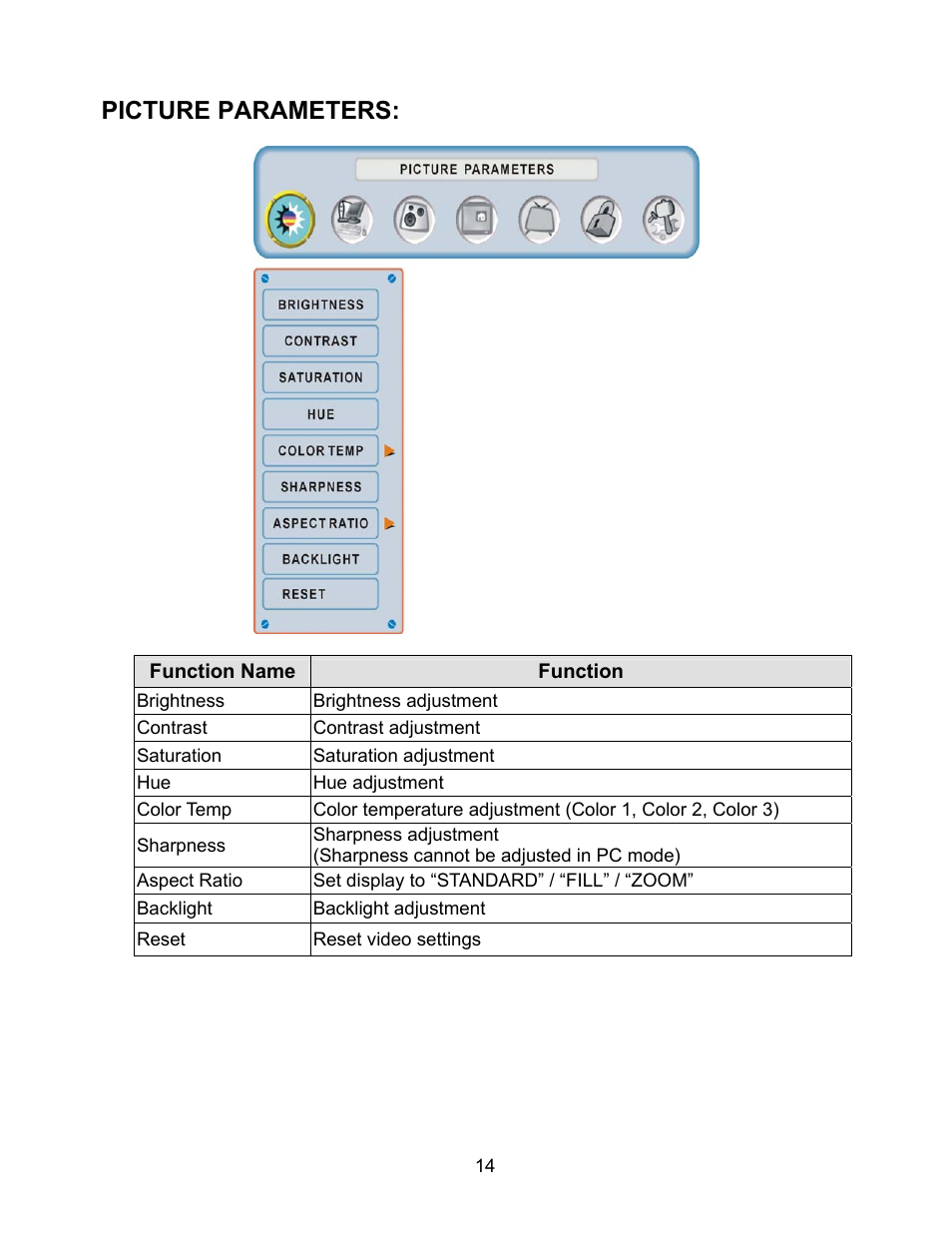 Picture parameters | Westinghouse W2602 BK User Manual | Page 16 / 26