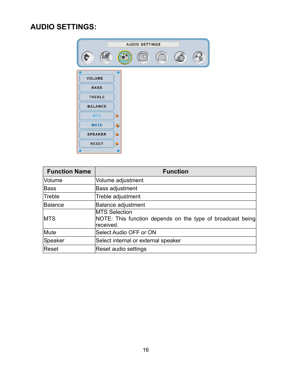 Audio settings | Westinghouse W2602 BK User Manual | Page 18 / 26