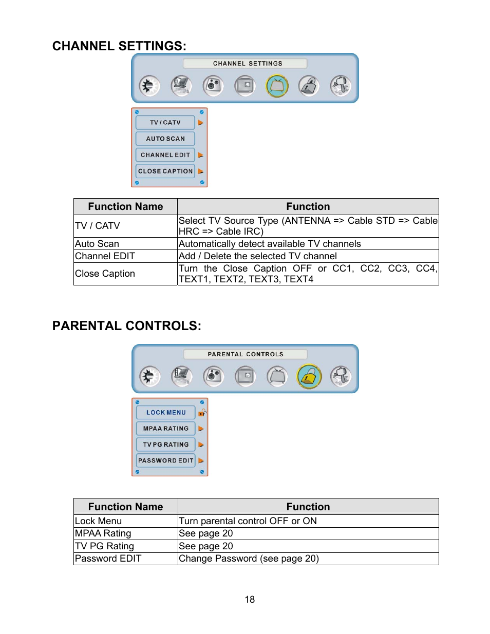 Channel settings, Parental controls | Westinghouse W2602 BK User Manual | Page 20 / 26