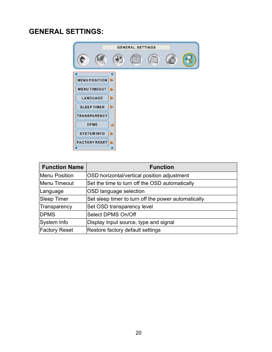 General settings | Westinghouse W2602 BK User Manual | Page 22 / 26