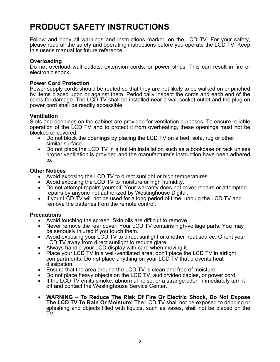 Product safety instructions | Westinghouse W2602 BK User Manual | Page 4 / 26