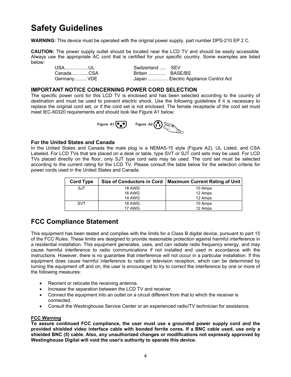 Safety guidelines, Fcc compliance statement | Westinghouse W2602 BK User Manual | Page 6 / 26