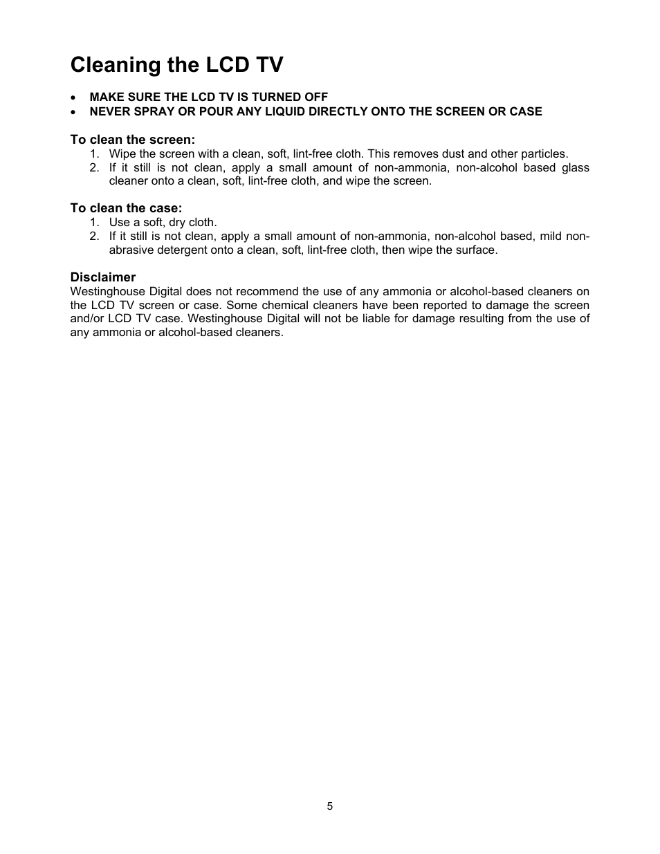 Cleaning the lcd tv | Westinghouse W2602 BK User Manual | Page 7 / 26