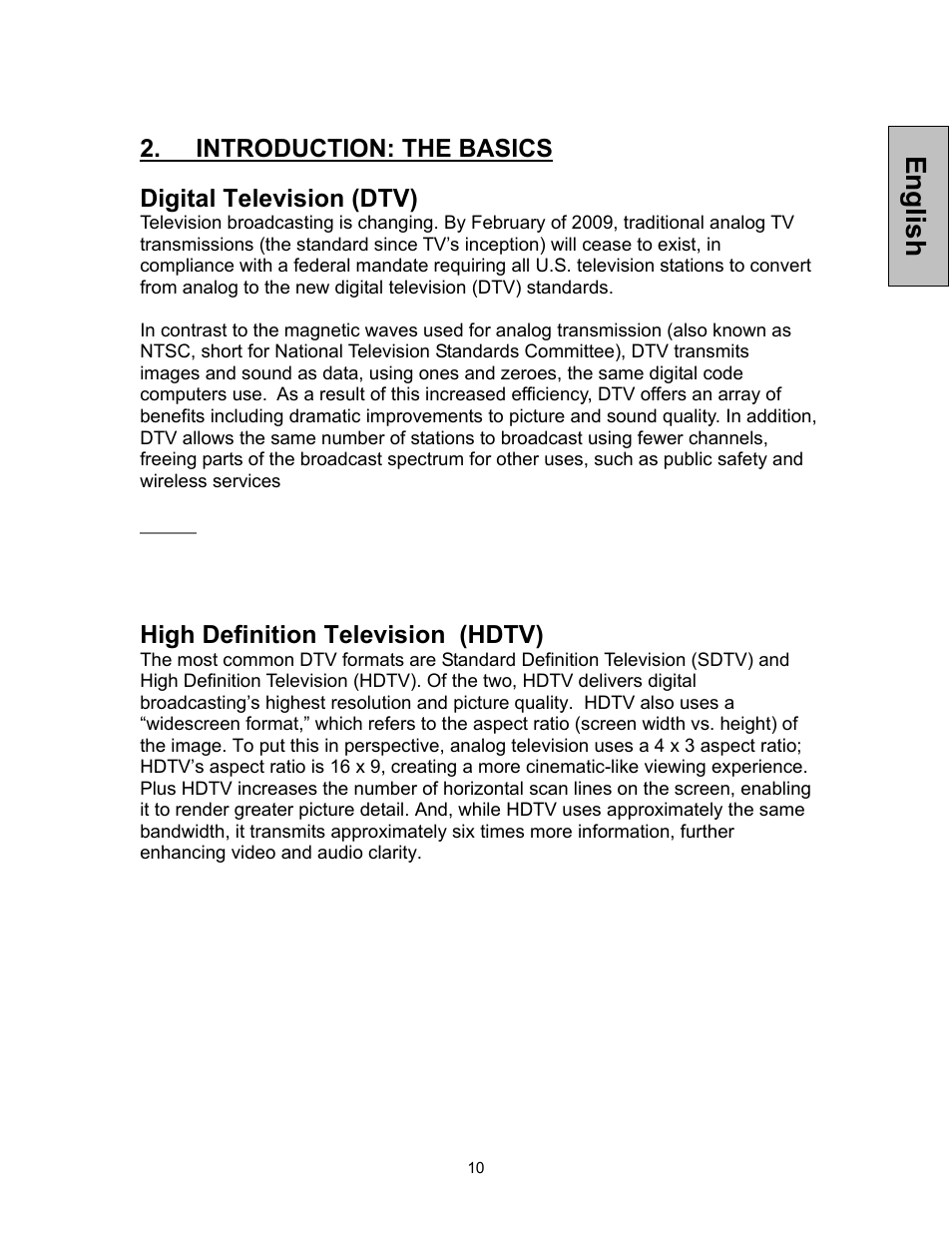 English, Introduction: the basics, Digital television (dtv) | High definition television (hdtv) | Westinghouse VK-42F240S User Manual | Page 11 / 48