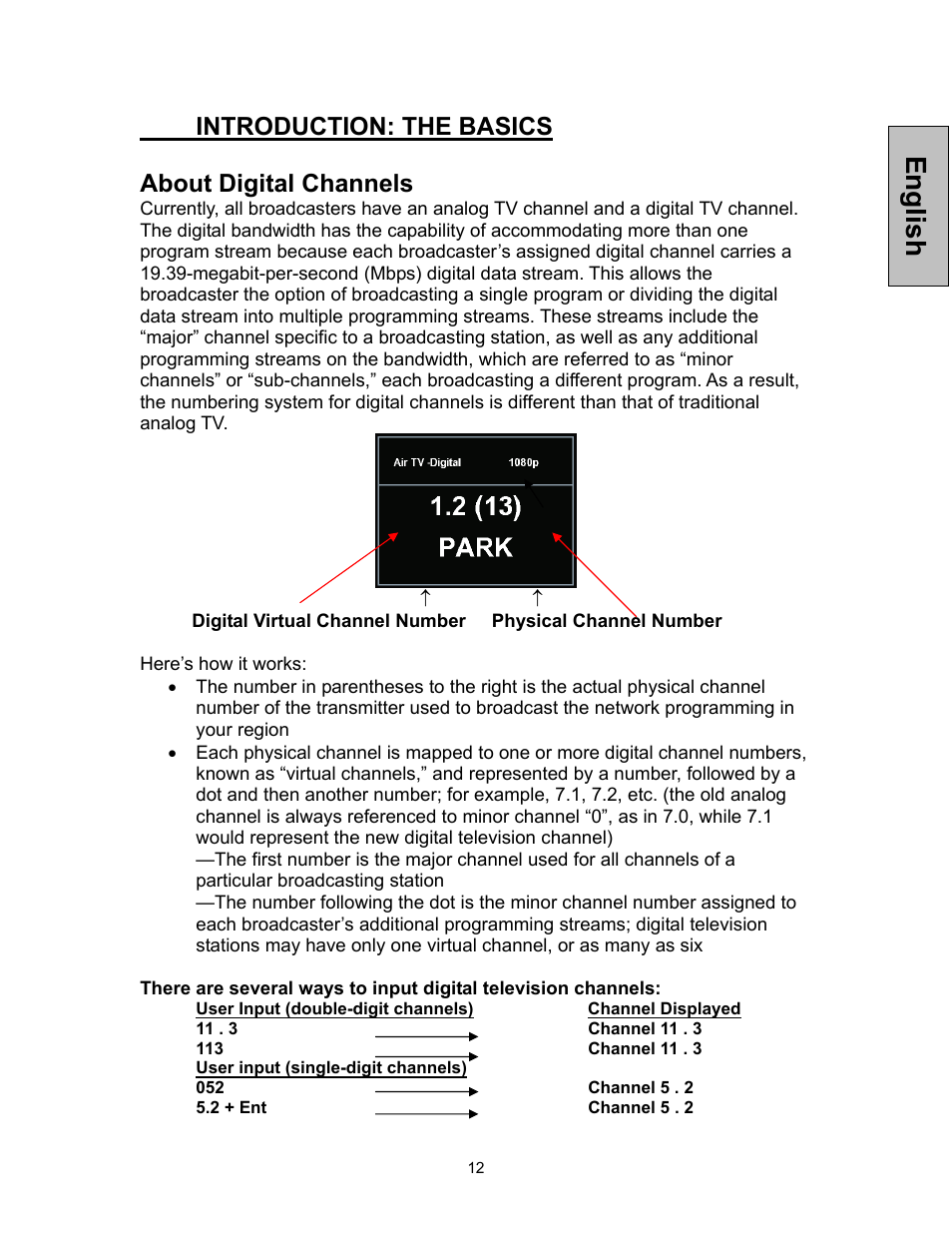 English, Introduction: the basics about digital channels | Westinghouse VK-42F240S User Manual | Page 13 / 48