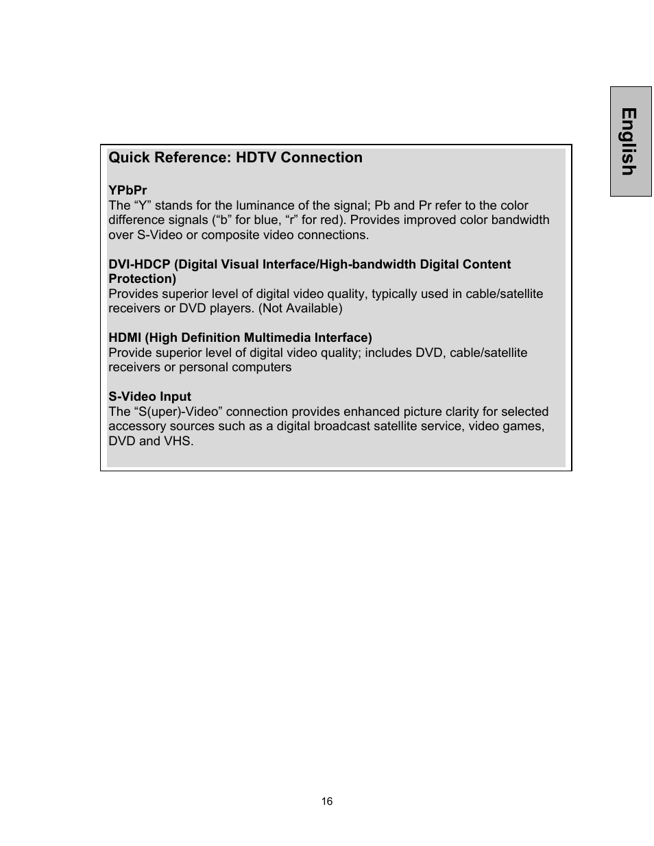 English, Quick reference: hdtv connection | Westinghouse VK-42F240S User Manual | Page 17 / 48