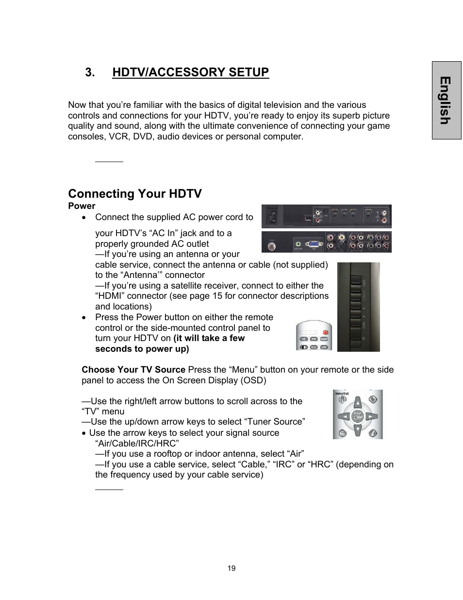 English, Hdtv/accessory setup, Connecting your hdtv | Westinghouse VK-42F240S User Manual | Page 20 / 48