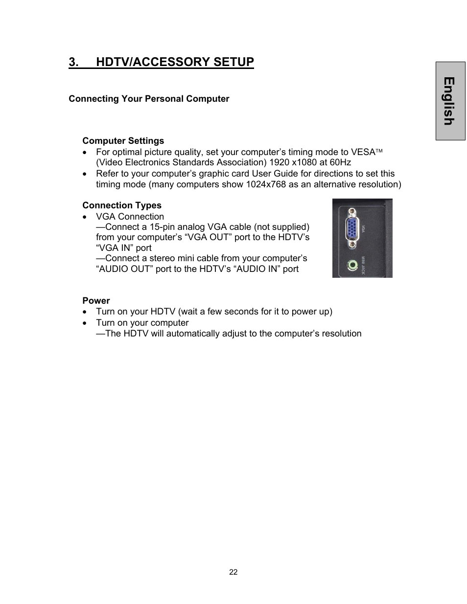 English, Hdtv/accessory setup | Westinghouse VK-42F240S User Manual | Page 23 / 48